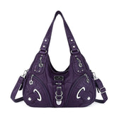 Angelkiss Women Multiple Pockets Purses and Handbags Washed Leather, Two Top Zippers Closure, Purple